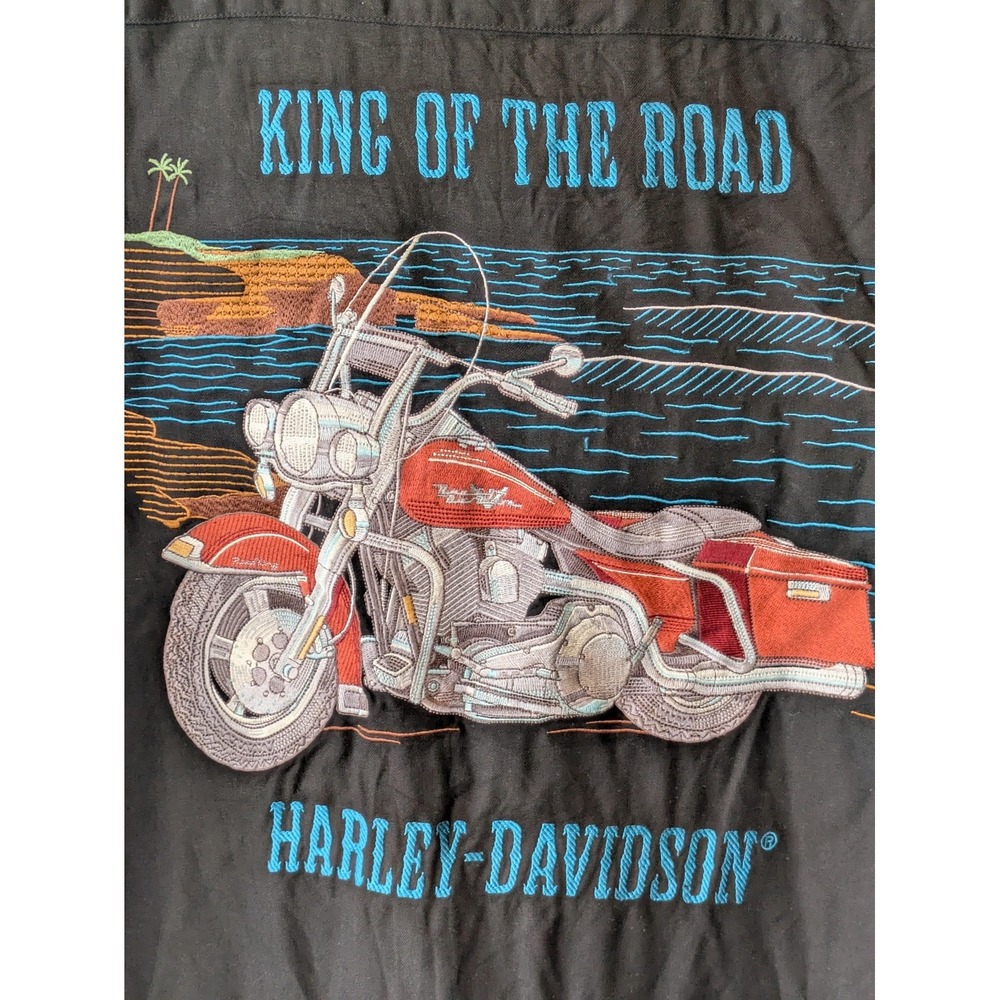 Harley-Davidson Shirt Mens XL Black Silk King Of The Road Motorcycle Embroidered - Picture 2 of 10